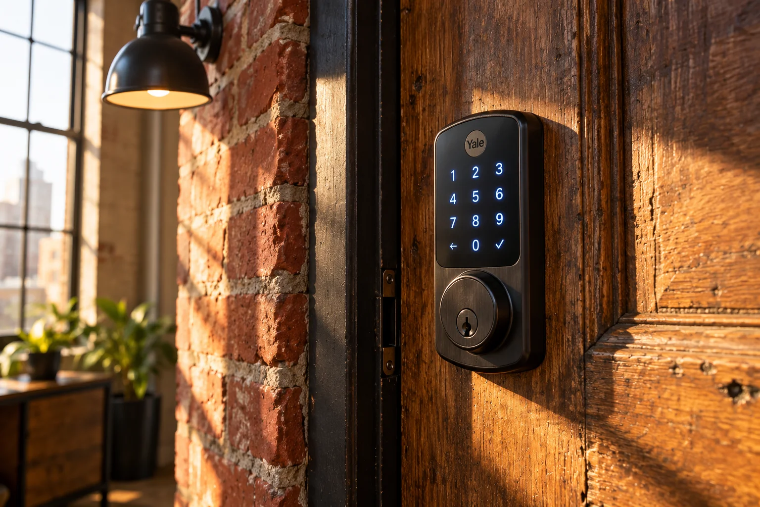 Matte black smart deadbolt with keypad on a loft front door