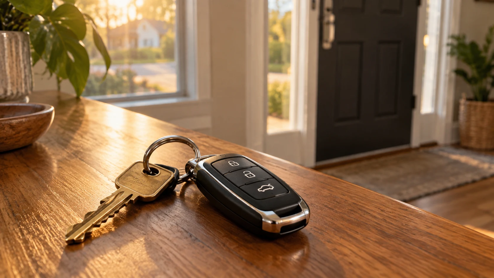 House key and car key fob on a wooden table near a residential front door.