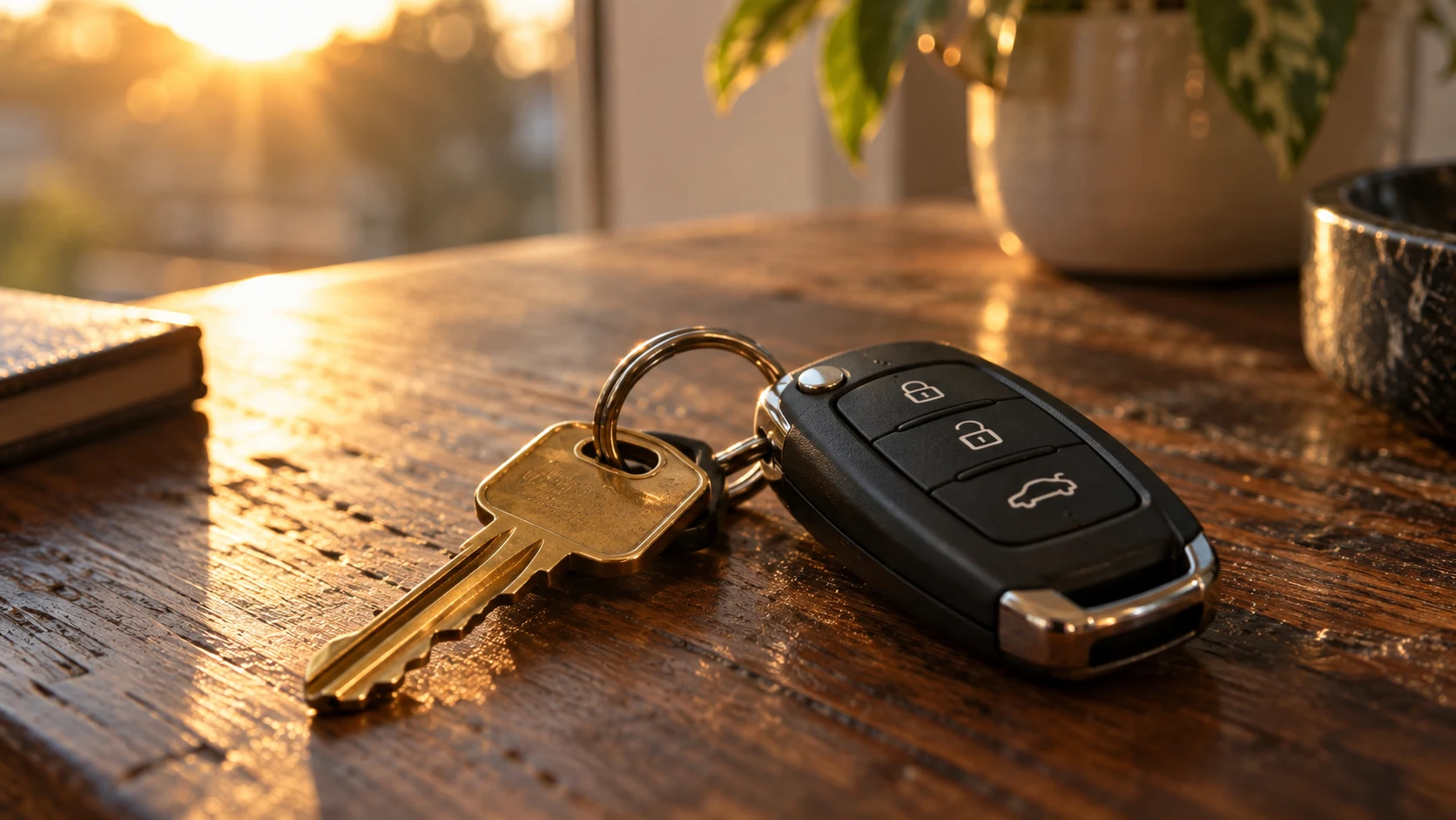 House key and car key fob on a wooden table, representing residential and automotive locksmith services.