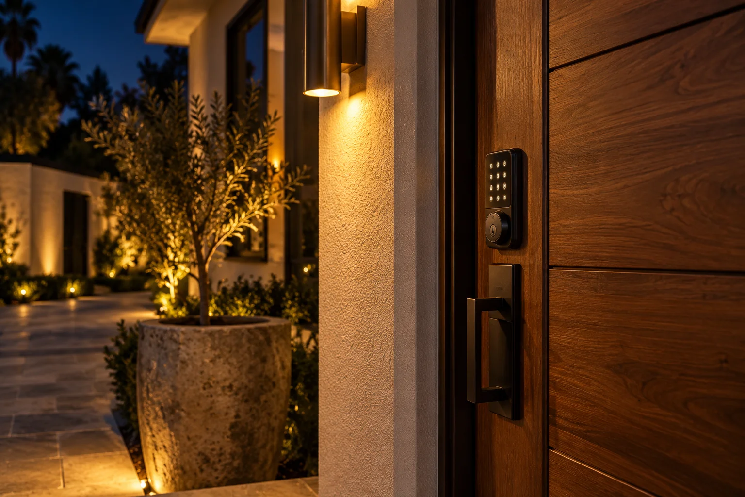 Locksmith Bel Air smart lock and deadbolt on a walnut front door at dusk