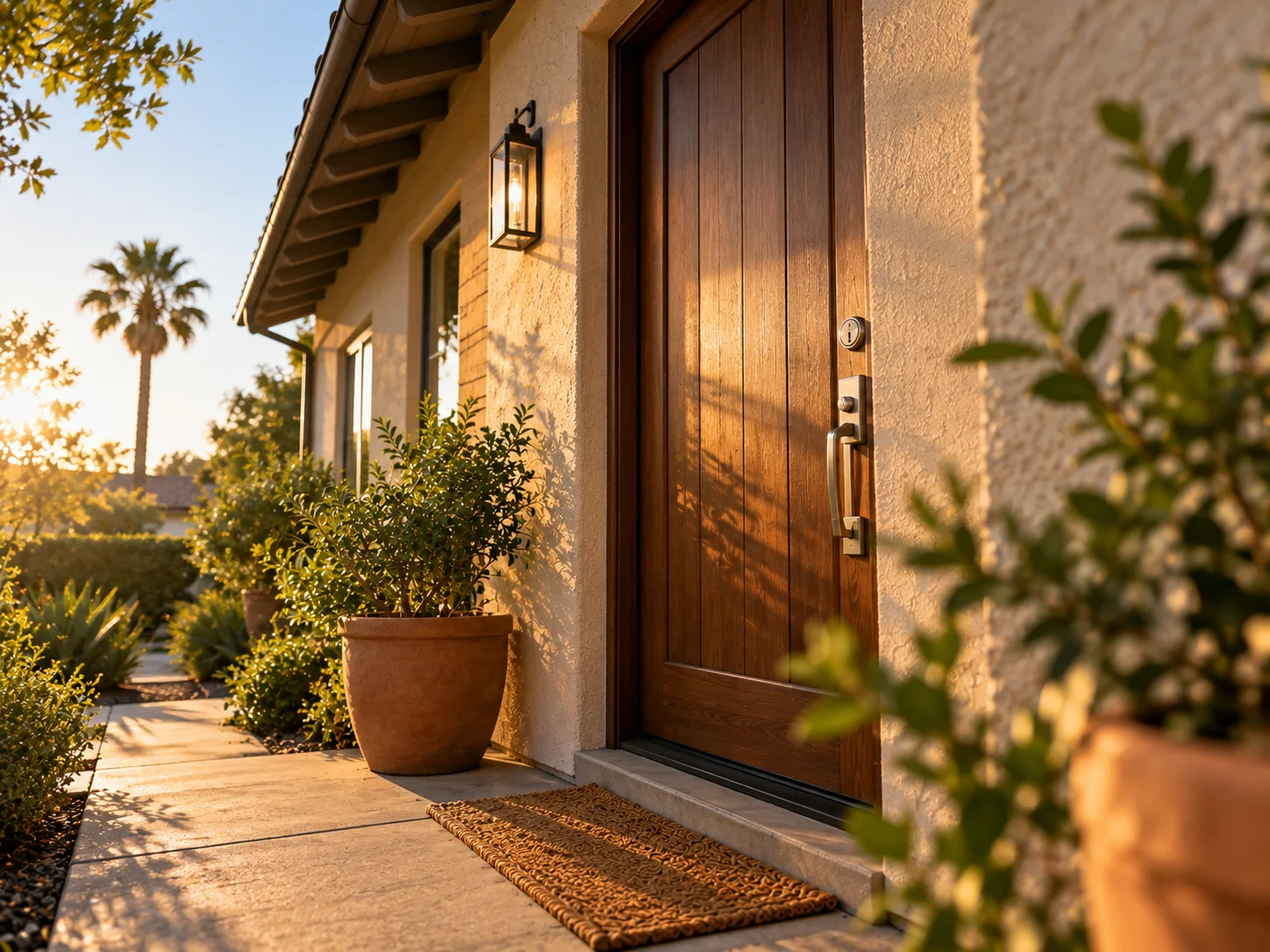 Locksmith El Monte service for a closed front door with a deadbolt in early morning light